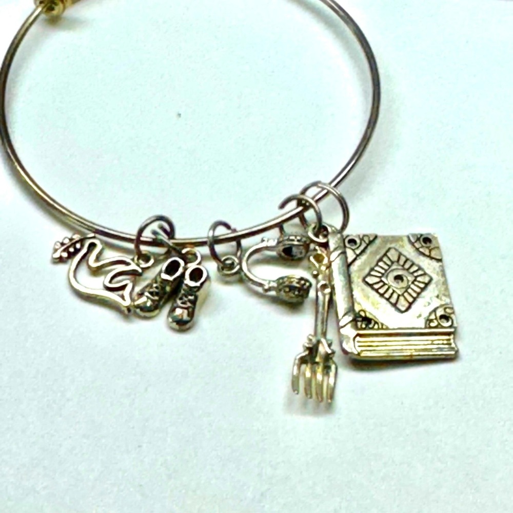 Adjustable Bangle Charm Bracelet Silver Tone Book Shoes Headphones Fork 5 Charms